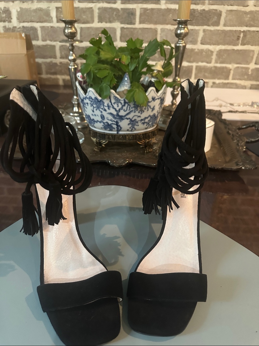 Jeffrey Campbell Black Suede Fringe Tie Heels Size 10